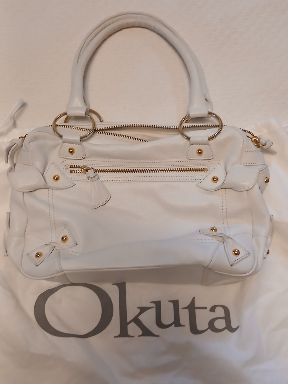 Okuta (Okpta) Cream Genuine Leather Satchel Handbag with Dust Bag